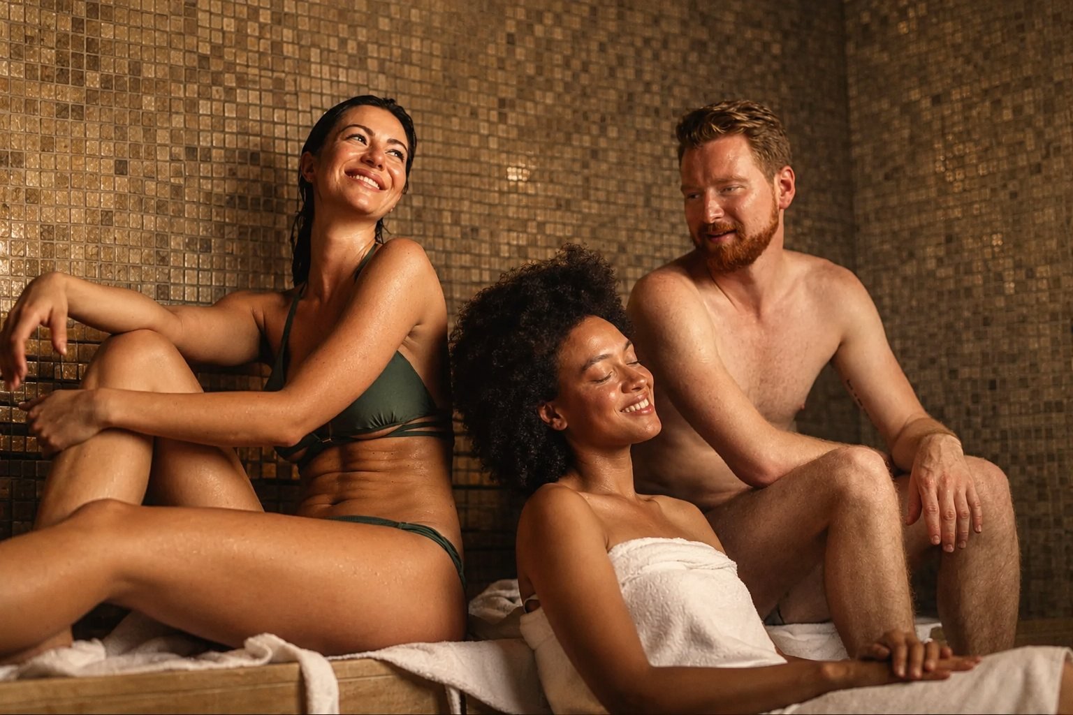 Tres personas conversando y descansando en el sauna de Ladera Spa & Wellness